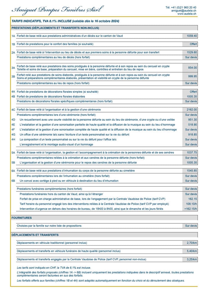Tarif Prix Pompes Funèbres Amiguet en PDF